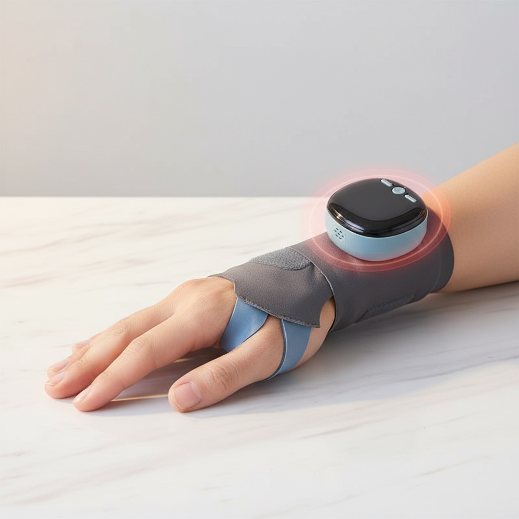 EMS wristband worn on wrist with heat glow - hero shot