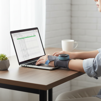 EMS wristband worn while working at desk